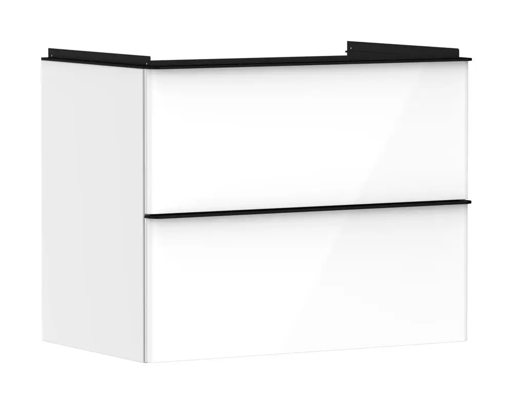 Weißer Waschtischunterschrank mit zwei Schubkästen und schwarzem Griff, geeignet für Badezimmer, hergestellt von Hansgrohe.